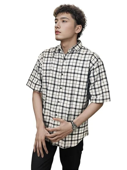 Oversized Shirts for Men Checks Printed Cotton Jute Texture