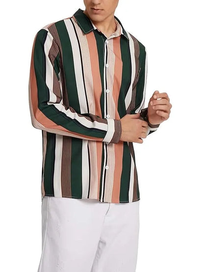 Men's Color Block Striped Button Up Shirts Long Sleeve Collared Neck Work Shirt