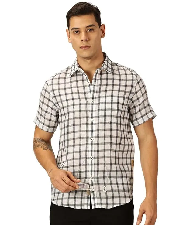 Mens Jute Linen Half Sleeves Checkered Casual Shirt