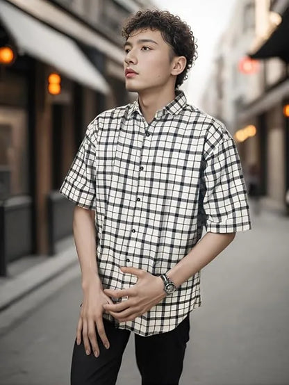 Oversized Shirts for Men Checks Printed Cotton Jute Texture