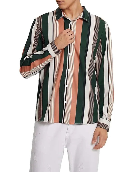 Men's Color Block Striped Button Up Shirts Long Sleeve Collared Neck Work Shirt